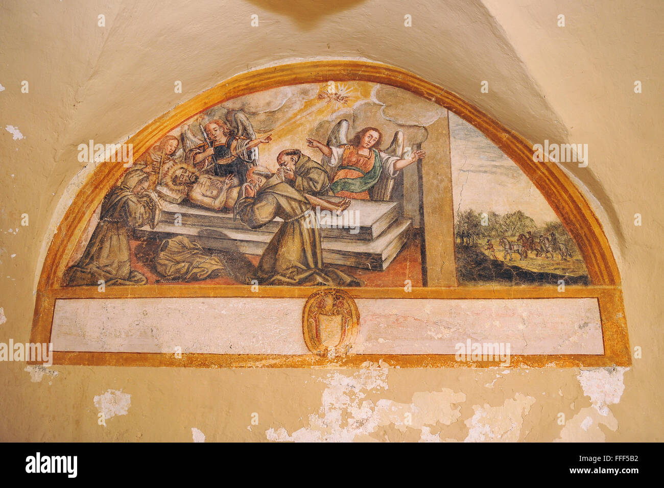 Poggio Bustone, Rieti, Lazio. Kirche von San Giacomo Maggiore. Fresko, das Leben des San Francesco von Assisi gewidmet. Stockfoto