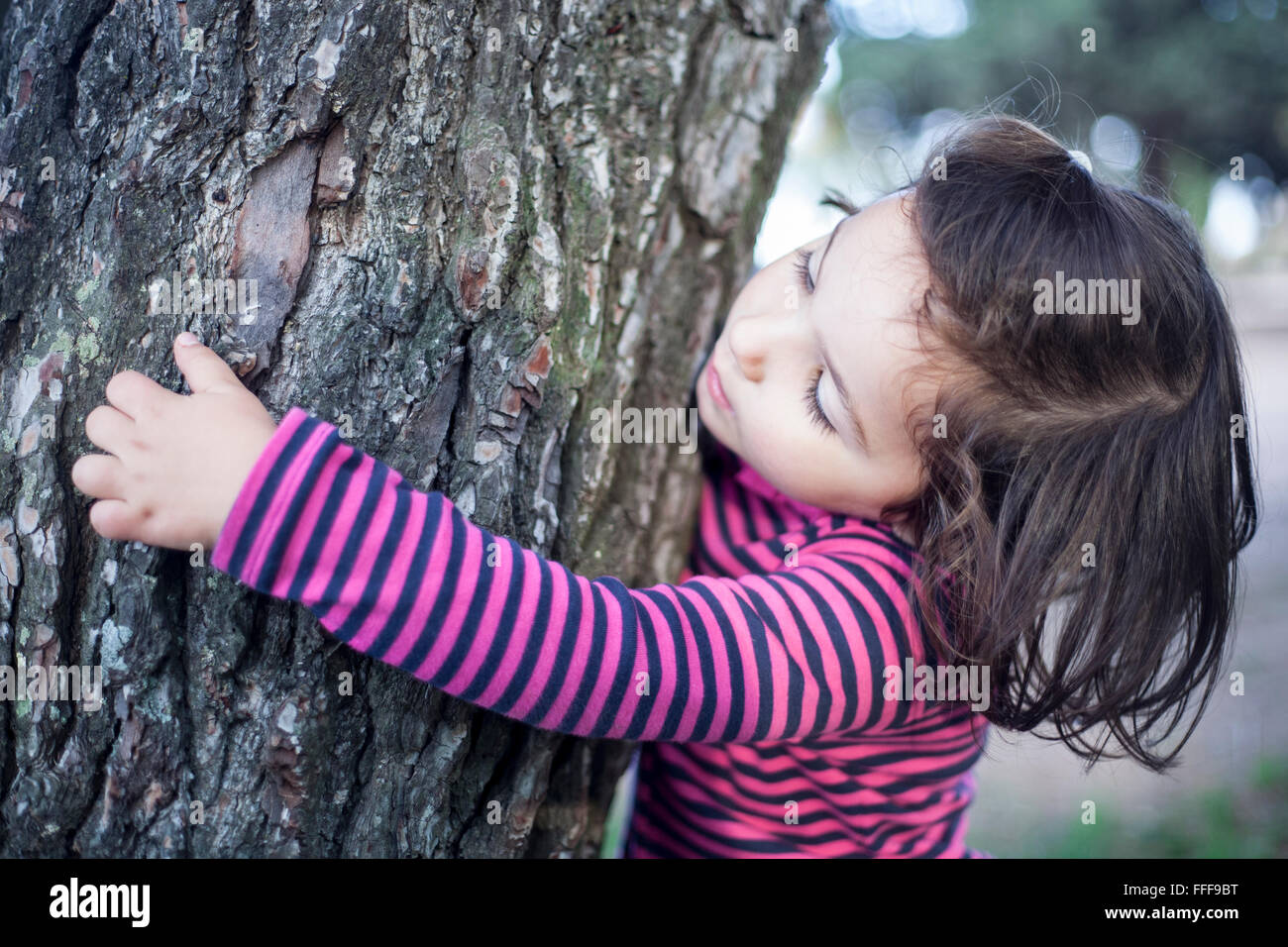 Neugierige kleine Mädchen, umarmen und berühren liebevoll einen Baum Stockfoto