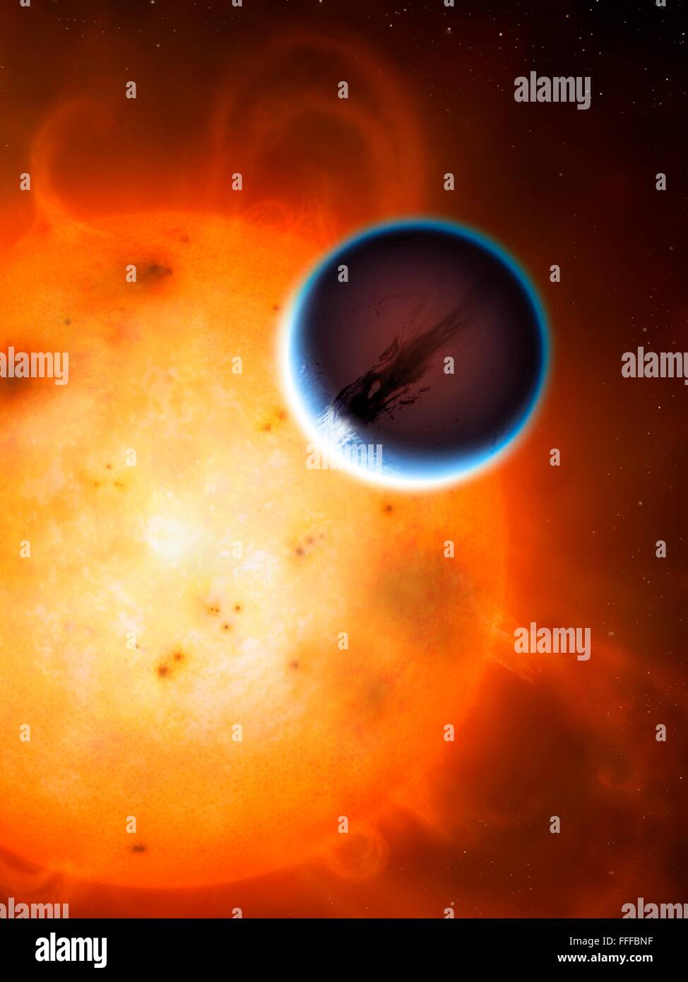 HD189733b ist ein Gasriese Exoplanet mit den höchsten Windgeschwindigkeiten für jeden Planeten jemals aufgenommen. Der Planet ist sehr nahe Stockfoto