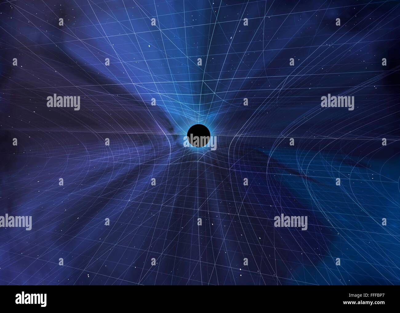 Krümmung der Raumzeit. Computer-Grafik eines schwarzen Lochs, die Krümmung der Raumzeit nach Einsteins allgemeine Theorie der Stockfoto