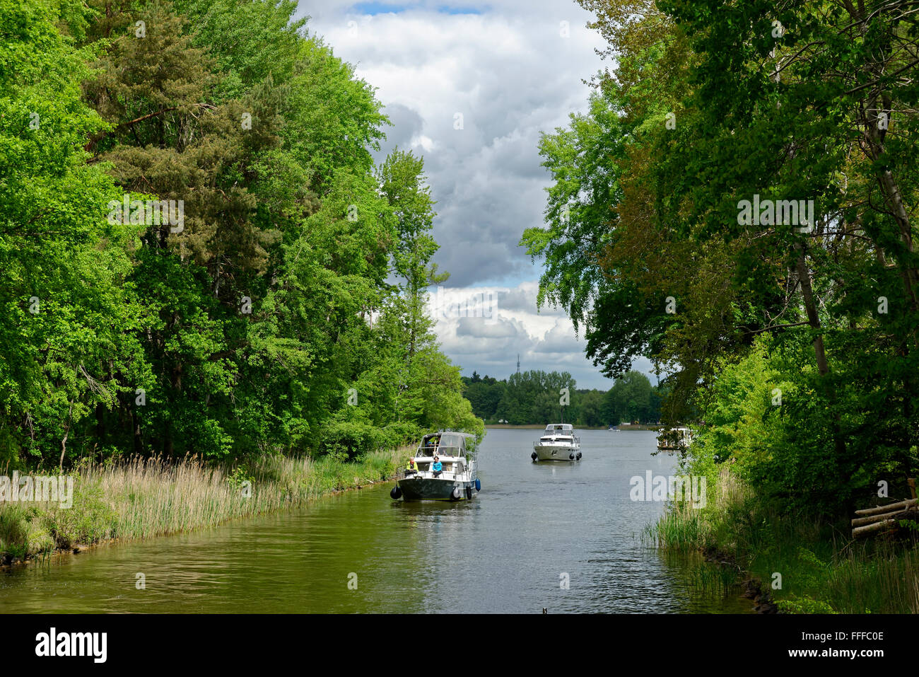 Hausboote in den bereuen Kanal in Rheinberg Ruppiner Land, Brandenburg, Mecklenburgische Seenplatte, Rheinsberger Seengebiet Stockfoto