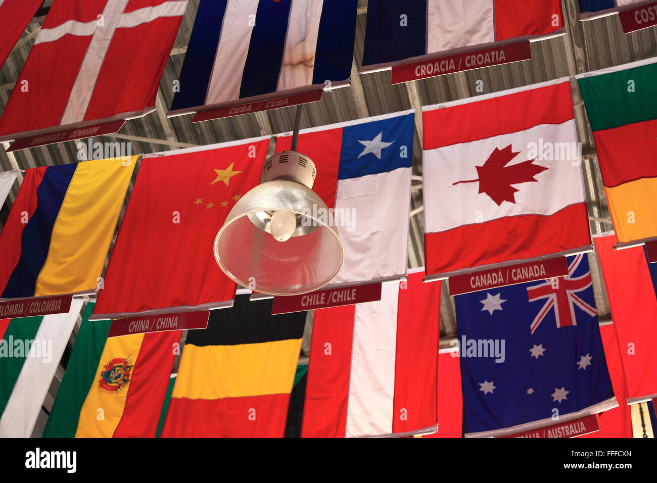Internationale Fahnen in der Station der Zahnradbahn Corcovado, Rio De Janeiro, Brasilien Stockfoto