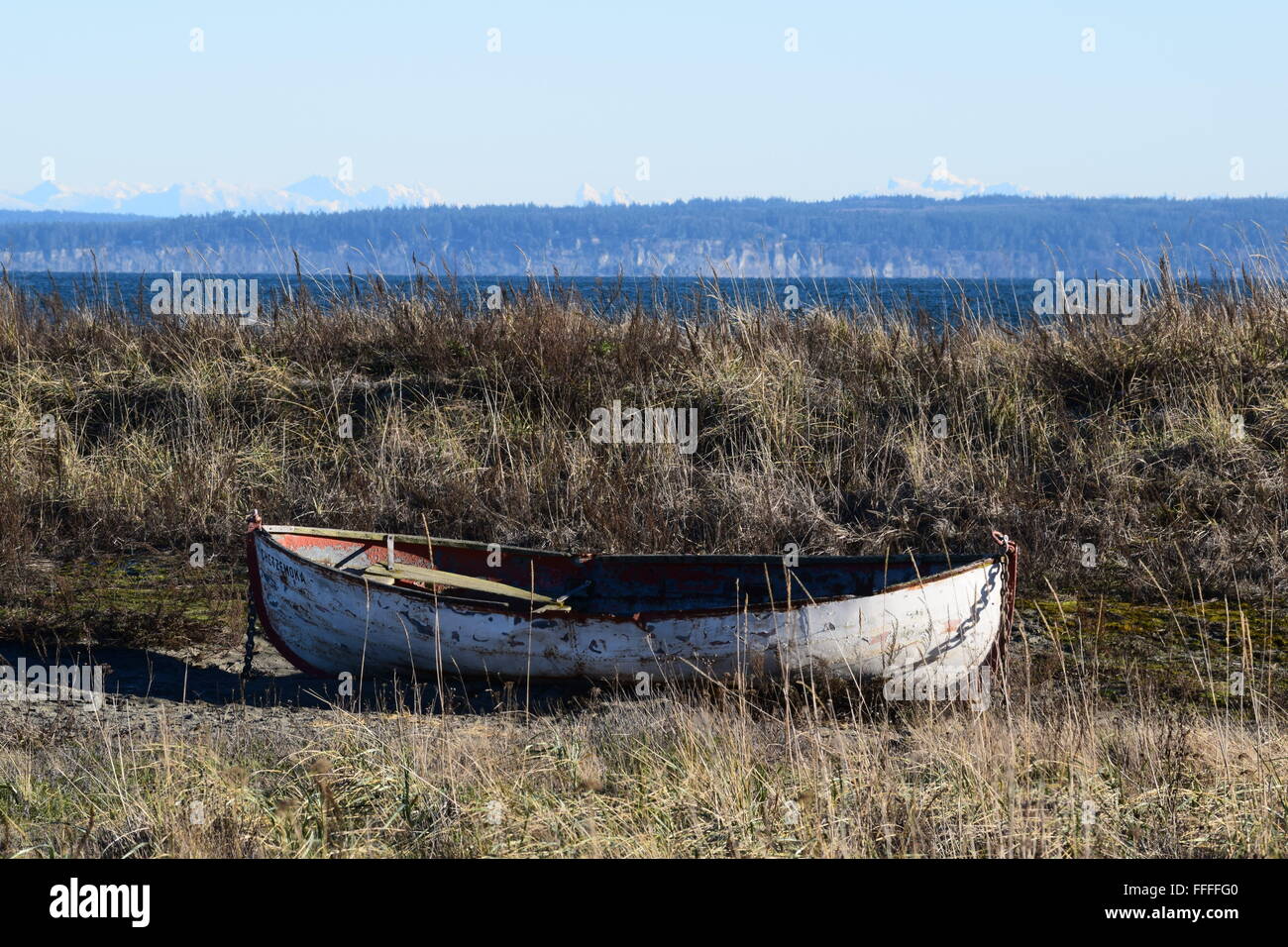 Verlassene Boot im Fort Worden State Park Stockfoto