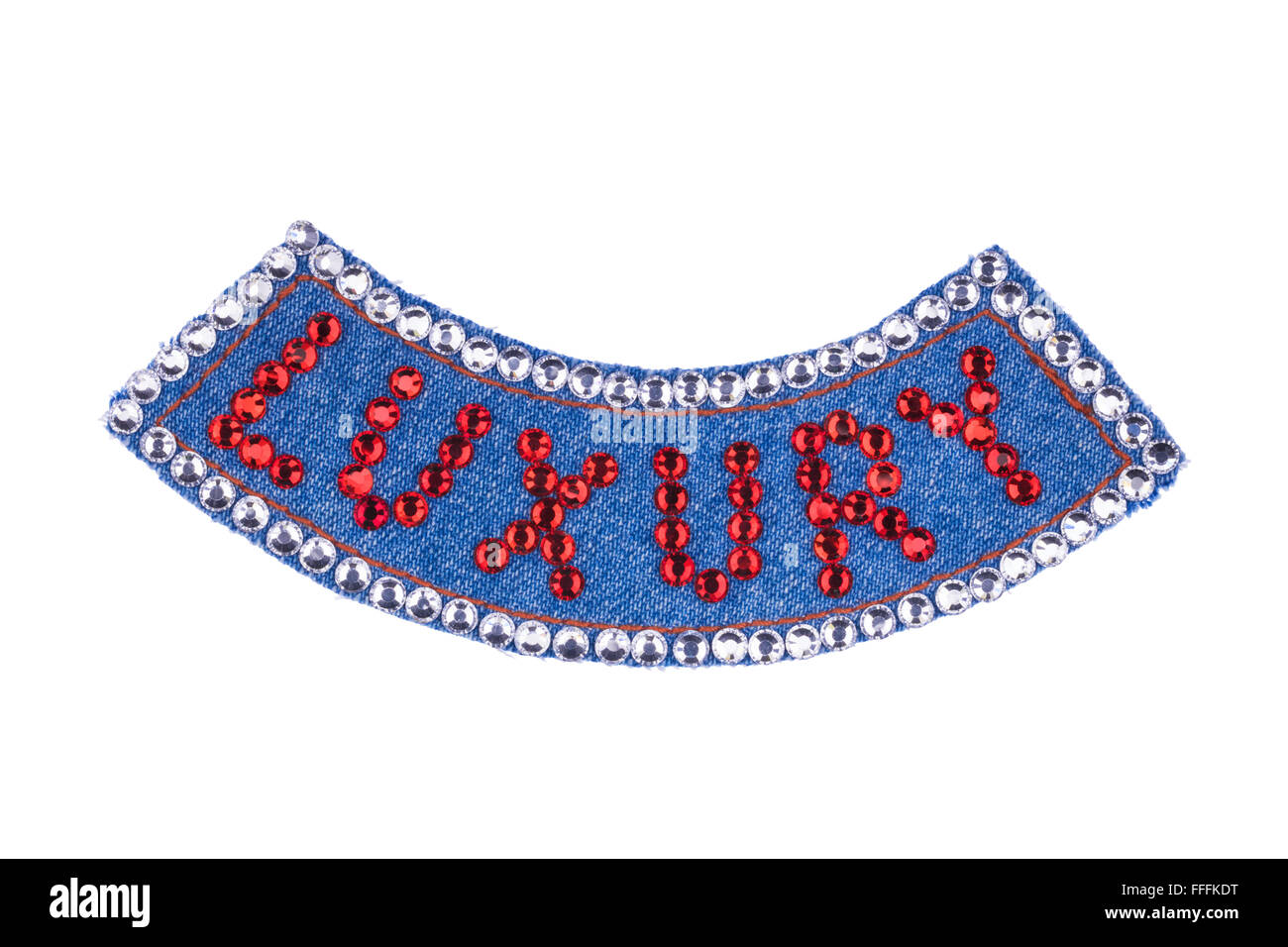 Denim-Label mit dem Wort Luxus Strass, isoliert auf einem weißen Hintergrund gemacht Stockfoto