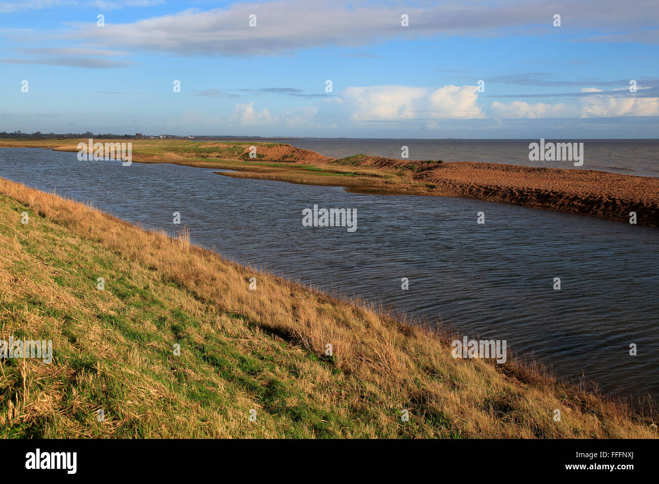 Rasche Erosion der Schindel Bucht Bar Landform auf Nordsee Küste, Hollesley Bay, Bawdsey, Suffolk, England, UK Stockfoto