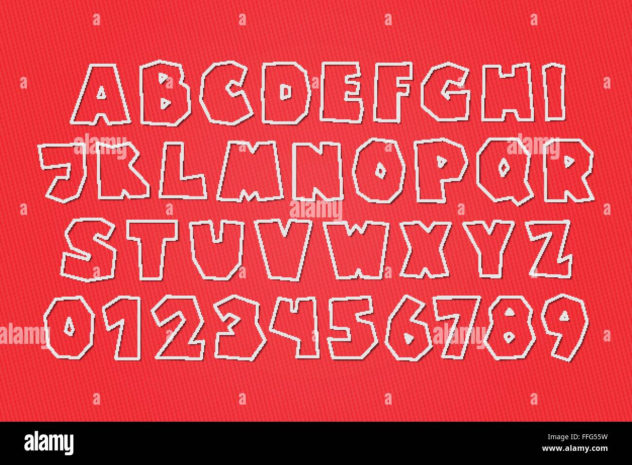 Satz von weißen Papieretiketten, stilvolle Alphabet Buchstaben und Zahlen auf rotem Hintergrund isoliert. Vektor, 3d Stil Schriftart Design. t Stock Vektor