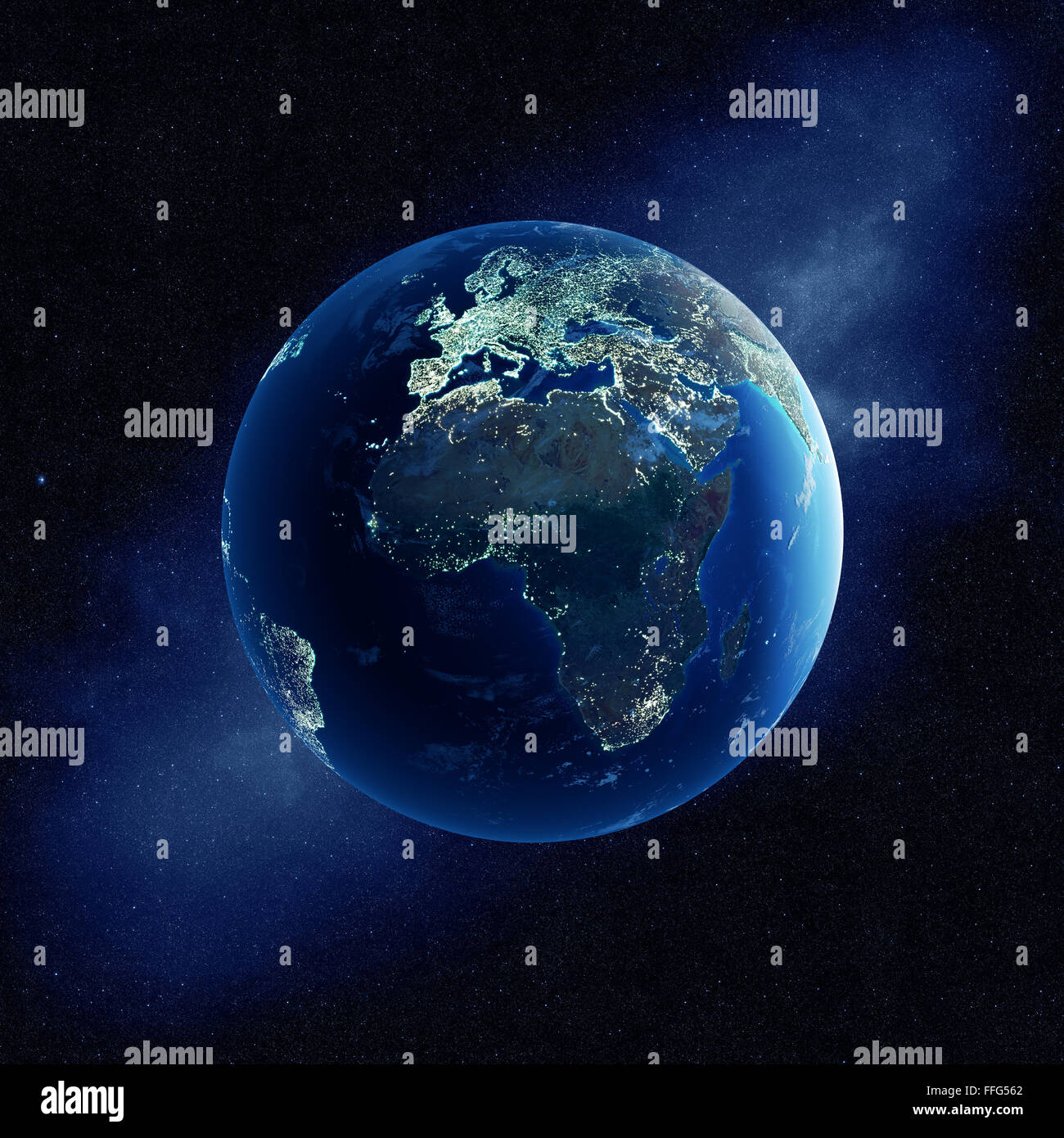Erde mit Stadt-Lichter in der Nacht im Weltraum mit Afrika und Europa (Elemente dieses 3D gerenderten Bildes vom NASA- Stockfoto