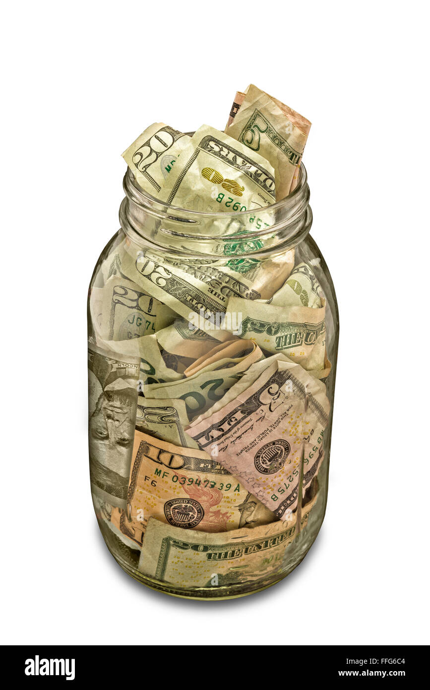 Bargeld Jar voller Geld Stockfoto