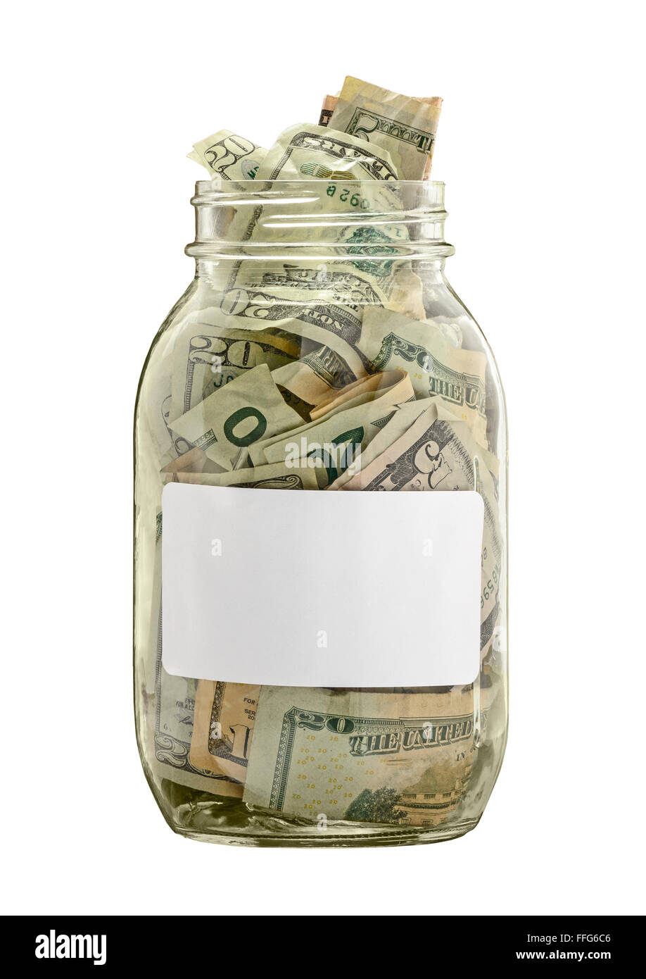 Geld-Glas mit weißen Aufkleber, Isolated on White Stockfoto