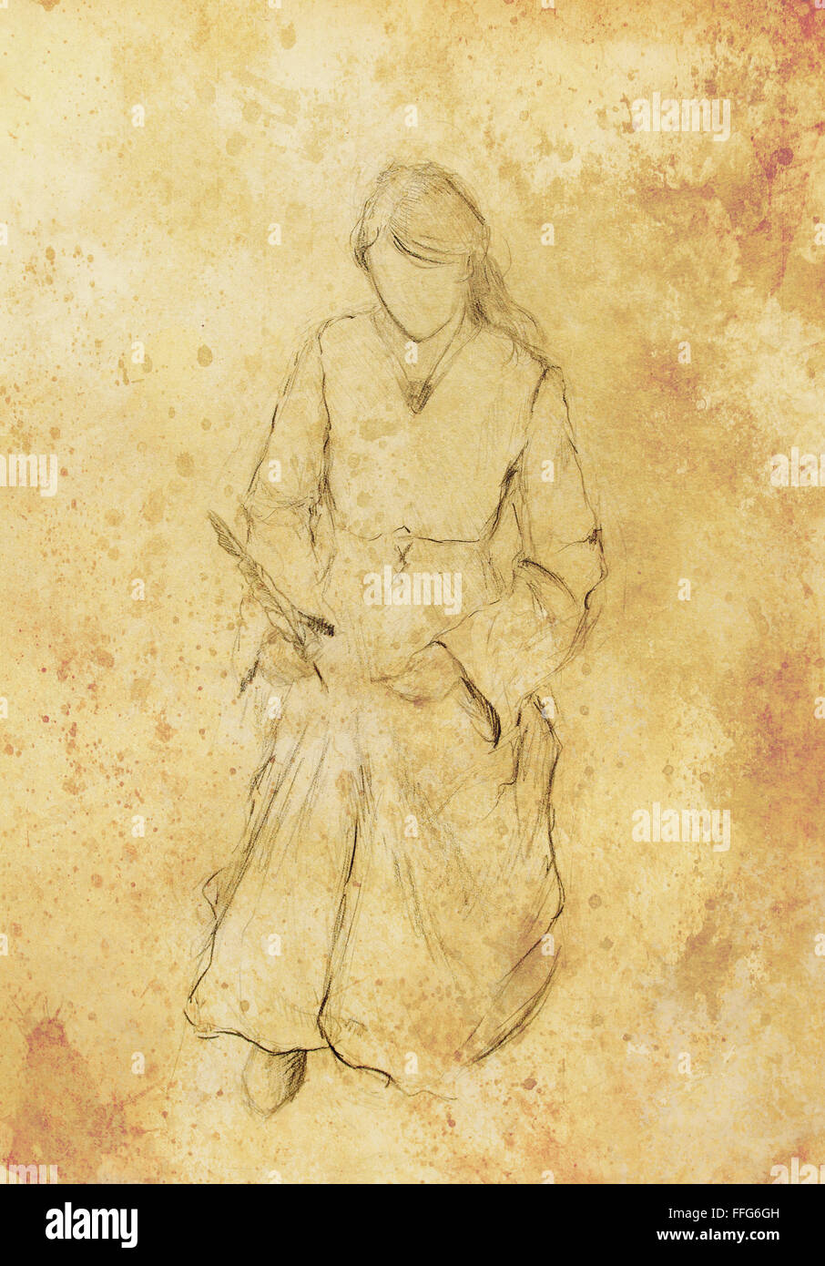 Skizze der Frau im historischen Kleid, Federkiel zu schreiben. Altes Papierhintergrund Stockfoto