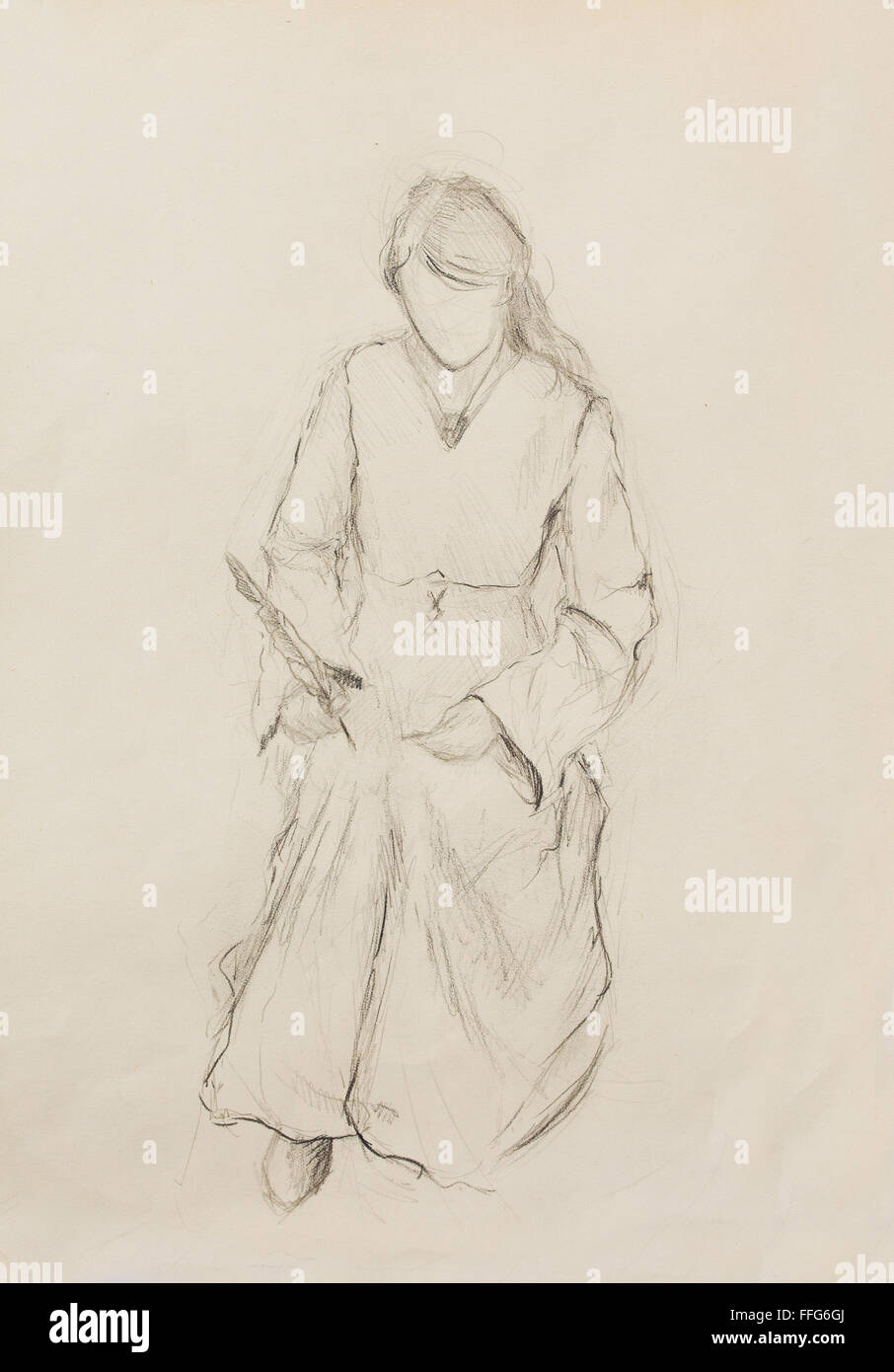 Skizze der Frau im historischen Kleid, Federkiel zu schreiben Stockfoto