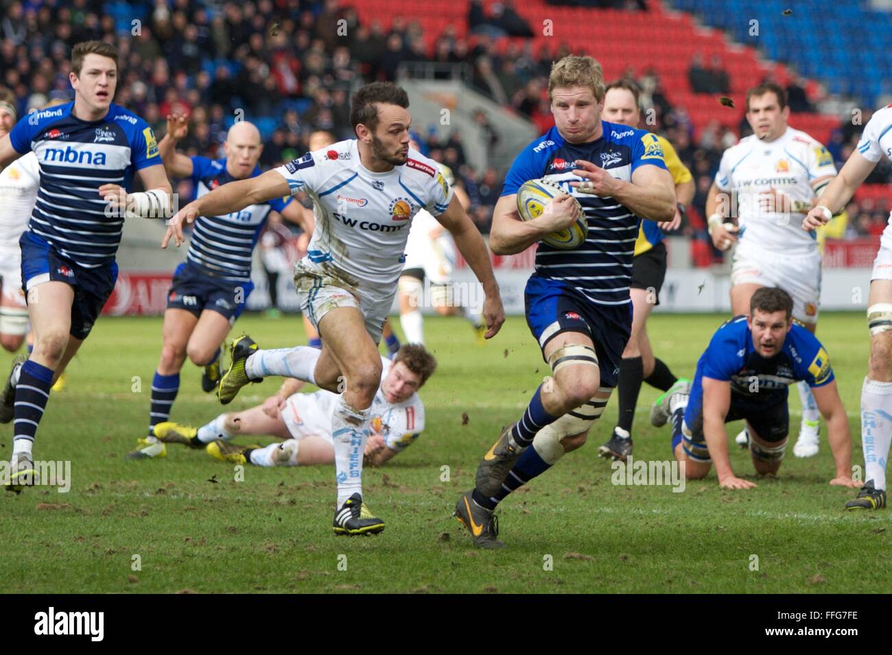 AJ-Bell-Stadion, Salford, UK. 13. Februar 2016. Aviva Premiership. Verkauf gegen Exeter Chiefs. Sale Sharks Flanker David Seymour. Bildnachweis: Aktion Plus Sport/Alamy Live-Nachrichten Stockfoto