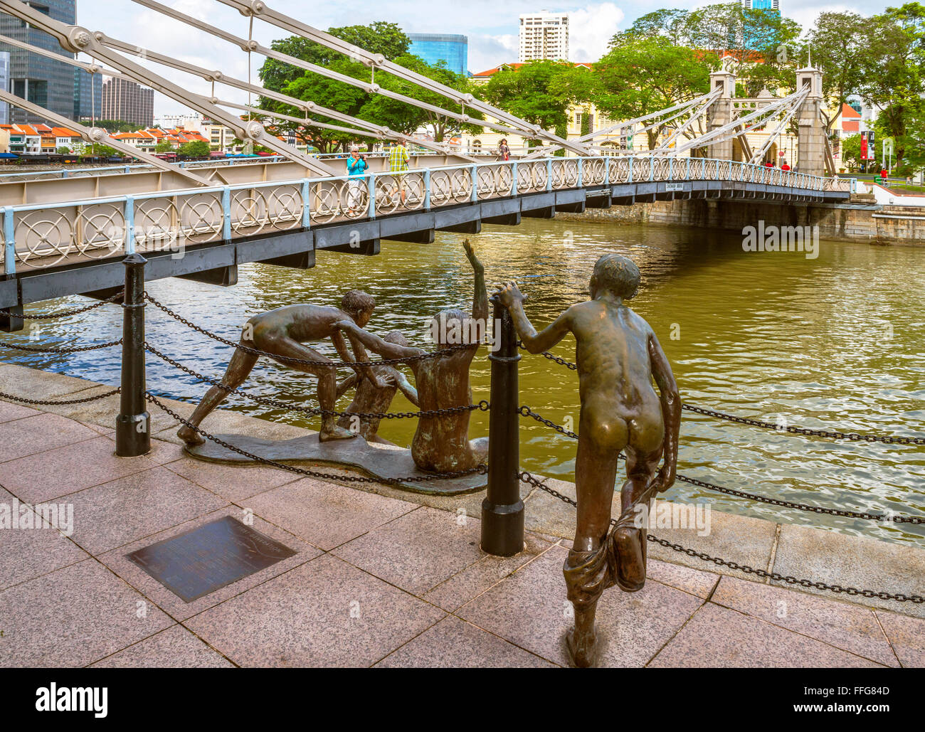 Die erste Generation, Skulptur neben der Singapore River, Singapur Stockfoto