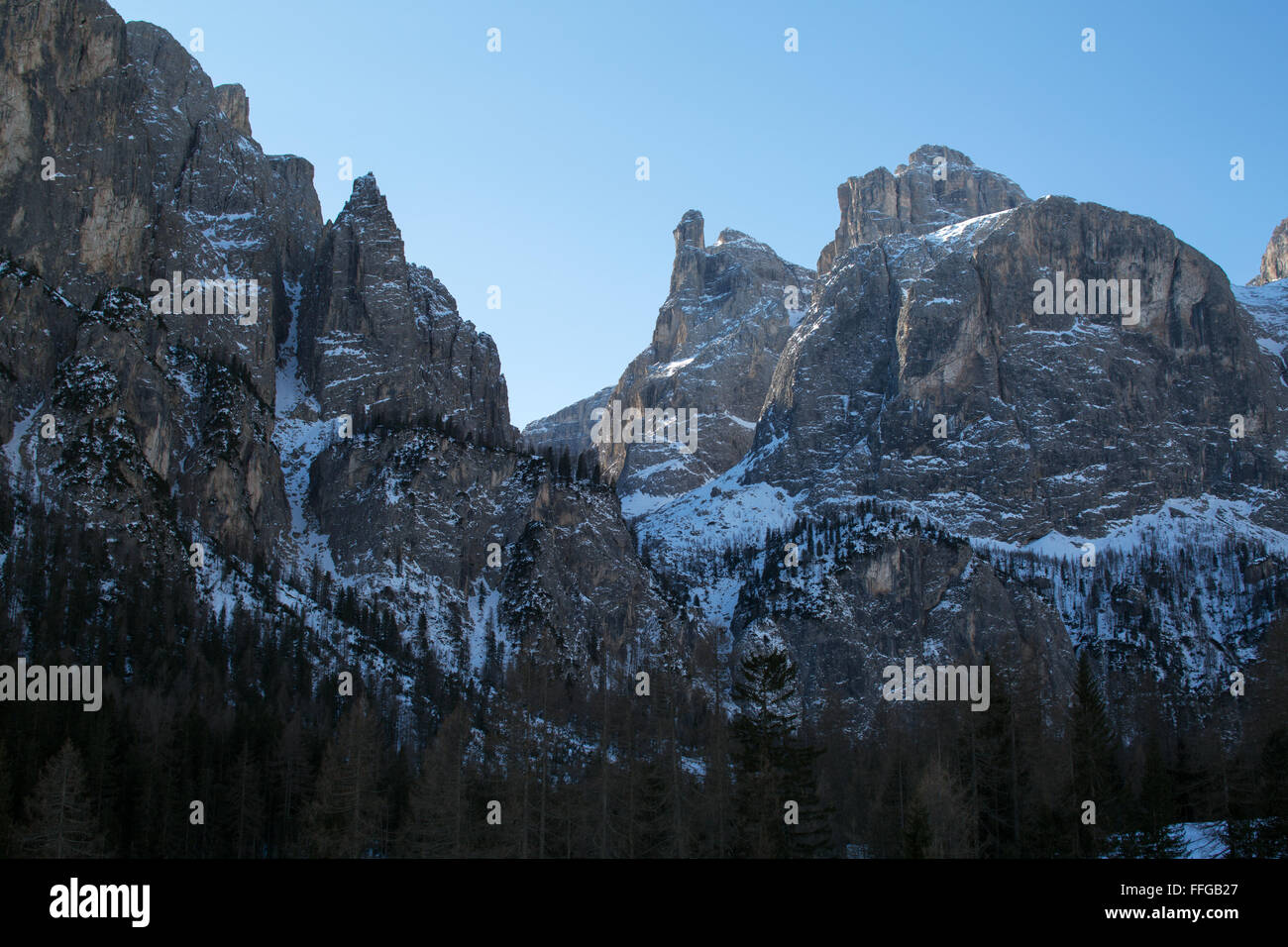 Die Gipfel der Sella Ronda in der Nähe von Corvara, Alta Badia, Dolomiten, Belluno, Italien Stockfoto