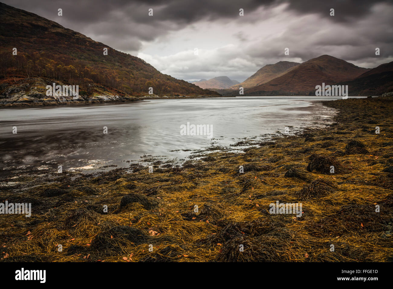 Loch Crerans in den schottischen Highlands, Anfang November von in der Nähe der Straßenbrücke über die A828 Loch Leven, Oban Straße erfasst. Stockfoto