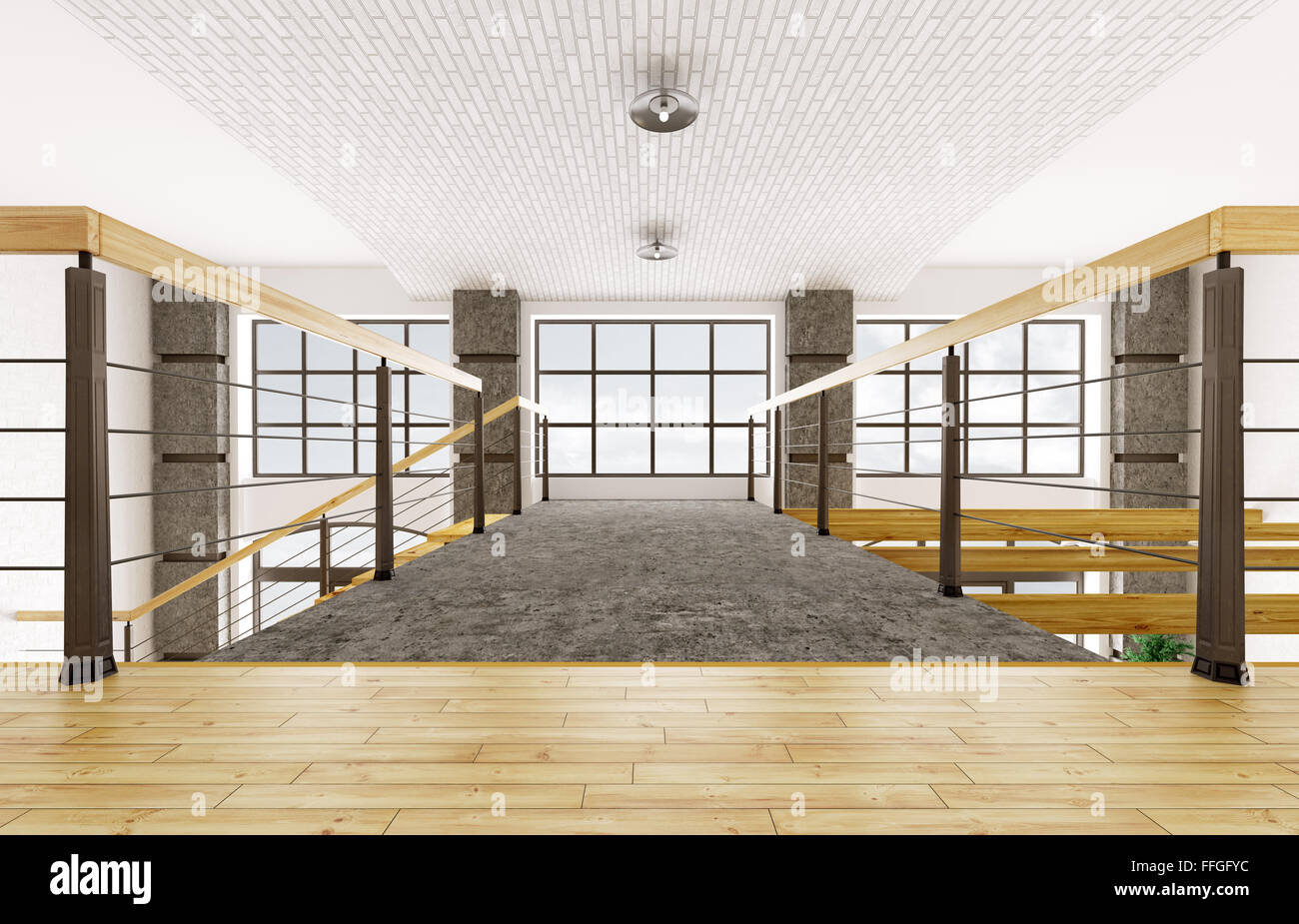 Innenraum der zweiten Etage mit gemauerten Bogen Decke, loft apartment 3D-Rendering Stockfoto