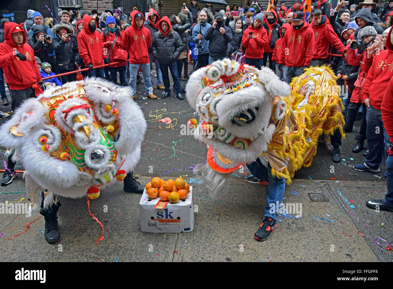 Löwentänzer tanzen für Wohlstand auf der Doyers Street in New York City Chinatown bei der 2016 Lunar New Year's Day Parade. Stockfoto
