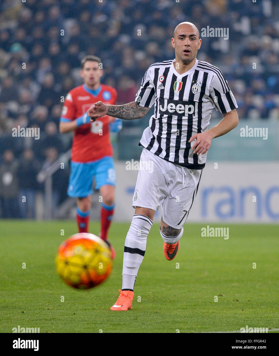 Simone Zaza in Aktion während der Serie A Fußballspiel zwischen Juventus FC und SSC Napoli. Juventus FC gewinnt 1: 0 und geht Anfang der Serie A. Simone Zaza ist der Torschütze. Stockfoto