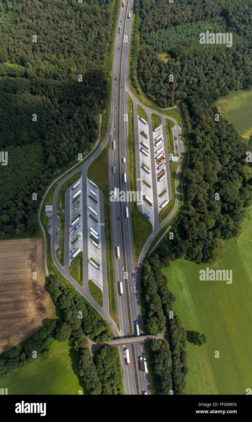 Luftaufnahme, neuen Rastplatz auf der A40 in Rheurdt zwischen Tönisberg und Schaephuysen, Rheurdt, Niederrhein, Nordrhein-Westfalen, Stockfoto