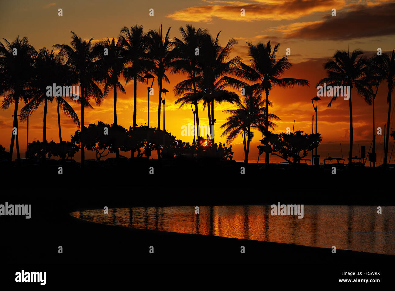Sonnenuntergang vom Waikiki Beach, Honolulu, Oahu, Hawaii Stockfoto