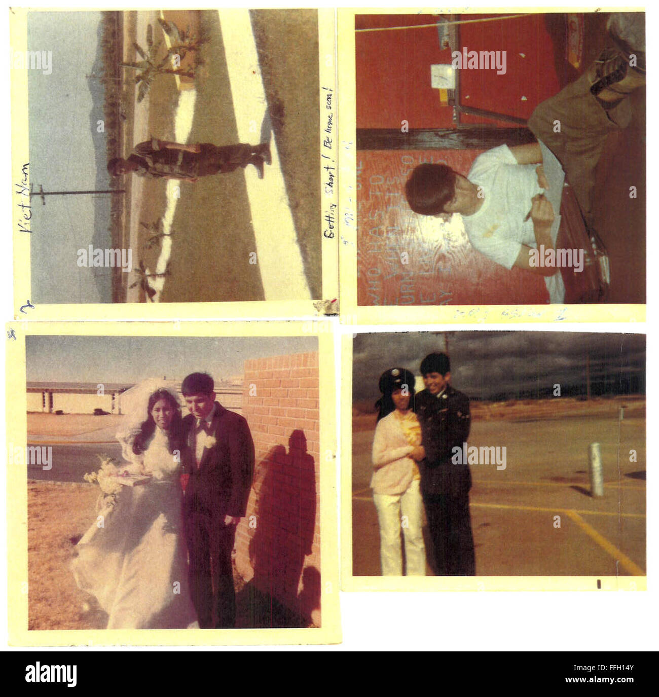 Eine Sammlung von Fotos aus einem Sammelalbum behielt die Griego zeigen ihre Hochzeit und mehrere Bilder von Philipps Zeit in Vietnam. Stockfoto