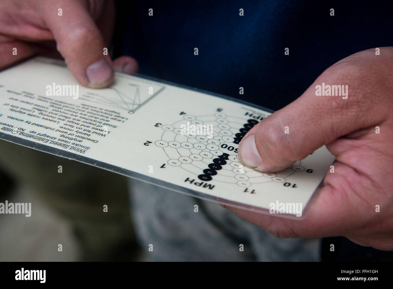Special Agent David Ohlinger berichtet vor der nächsten Drehrunde in Camp Perry, Ohio, einen Leitfaden zur Windgeschwindigkeitsschätzung. Stockfoto