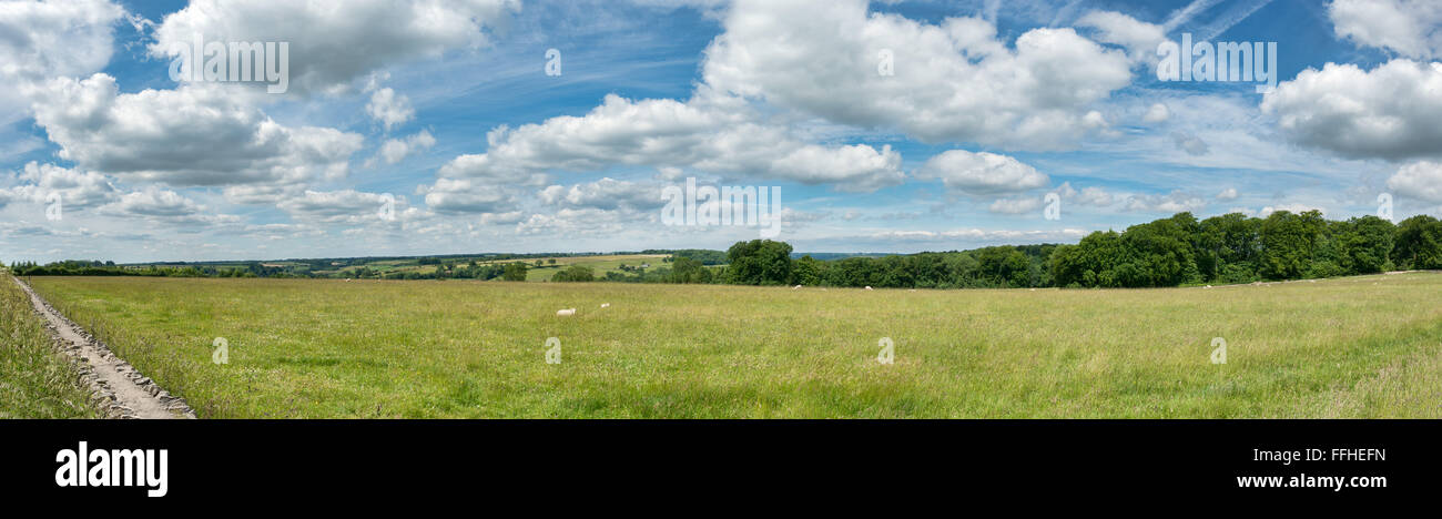 Panoramablick in der Nähe von Avening, Gloucestershire, Teil des Bereichs Cotswold von außergewöhnlicher natürlicher Schönheit im Vereinigten Königreich Stockfoto