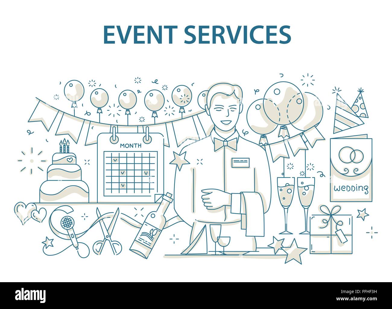 Doodle-Stil-Design-Konzept der Veranstaltung und alles Gute zum Geburtstag-Partei-Organisation, catering-Service-Agentur Stock Vektor