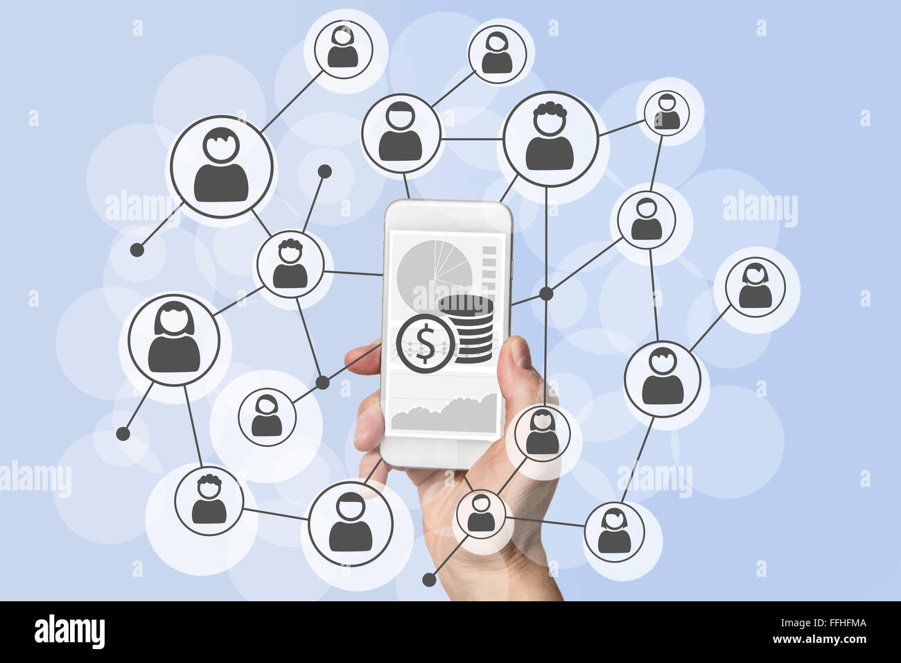 Omni und virale Social marketing und mobile Vertriebskonzept mit Hand moderne Smartphone Stockfoto