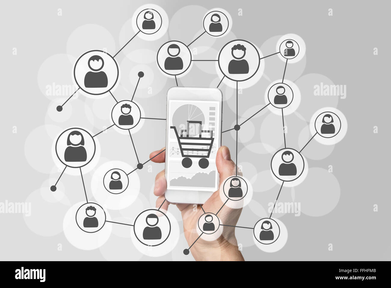 Digital marketing und mobile Vertriebskonzept mit Hand moderne Smartphones und social Network der Verbraucher Stockfoto