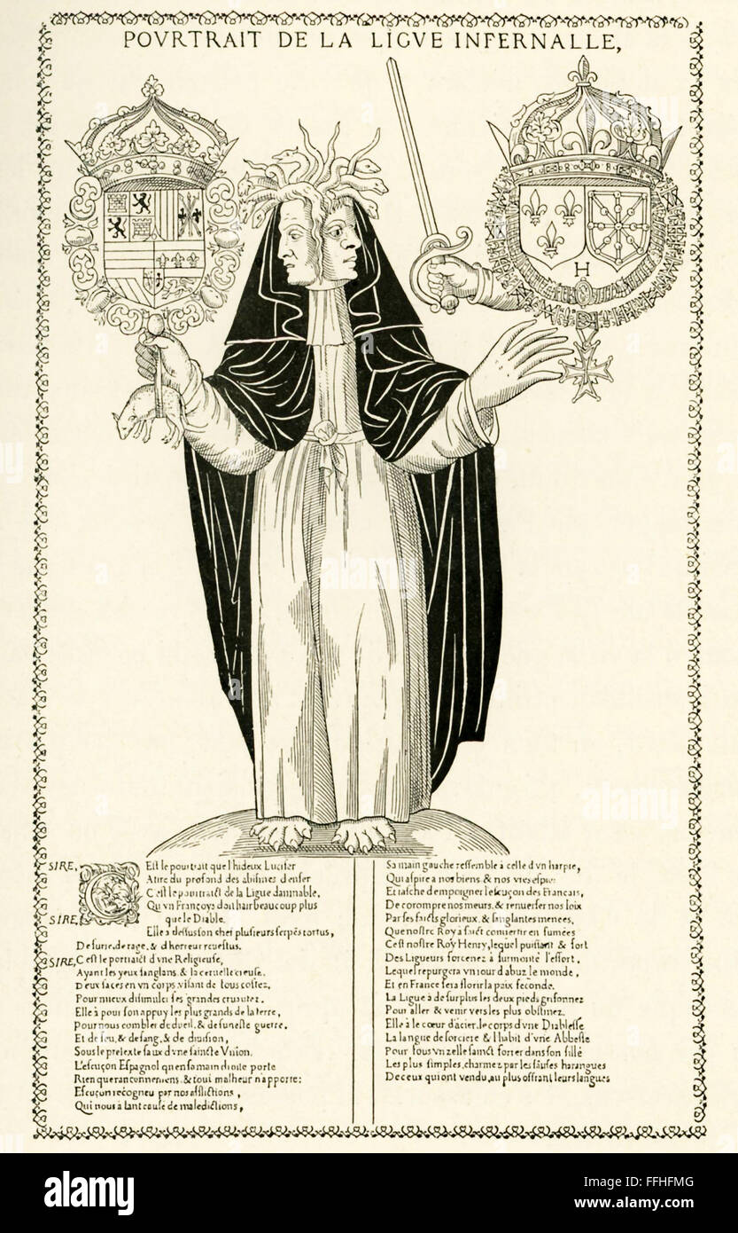 Diesem Jahr 1500 Stich zeigt das "Porträt der höllischen Liga." Die League bezeichnet ist die katholische Liga, auch bekannt als die Heilige Liga. Die Liga bildete er Französisch Henry i., Herzog von Guise, 1576. Es war die Zeit der Reformation, die Kriege der Religionen, und Henry I Absicht war es, der Protestantismus in Frankreich zu beseitigen. Diese politischen Karikatur wurde von den Gegnern der Liga ausgearbeitet. Stockfoto