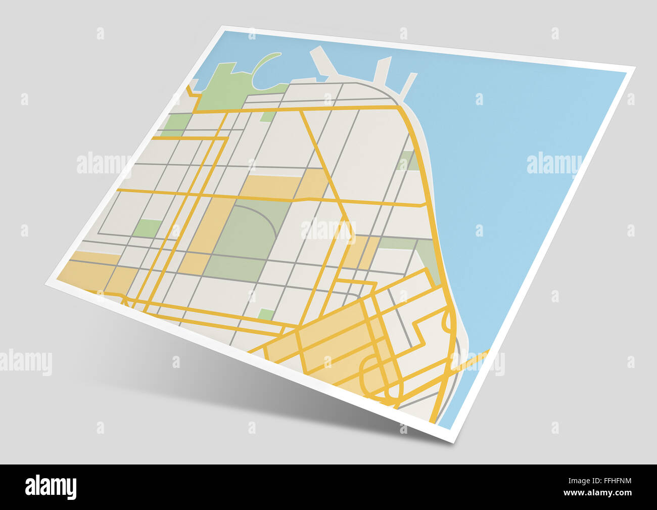 3D generische vereinfachten Stadtplan mit flachen design schwebt über einem grauen Hintergrund mit Schatten Stockfoto