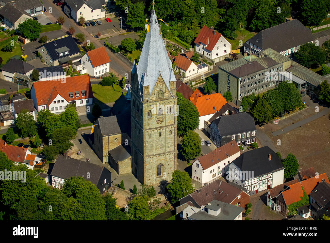 Antenne-anzeigen, Erwitter Kathedrale St.Laurentius, Stadtmitte, Dorf, Erwitte, Soest, Nord Rhein Westfalen, Deutschland, Europa, Stockfoto