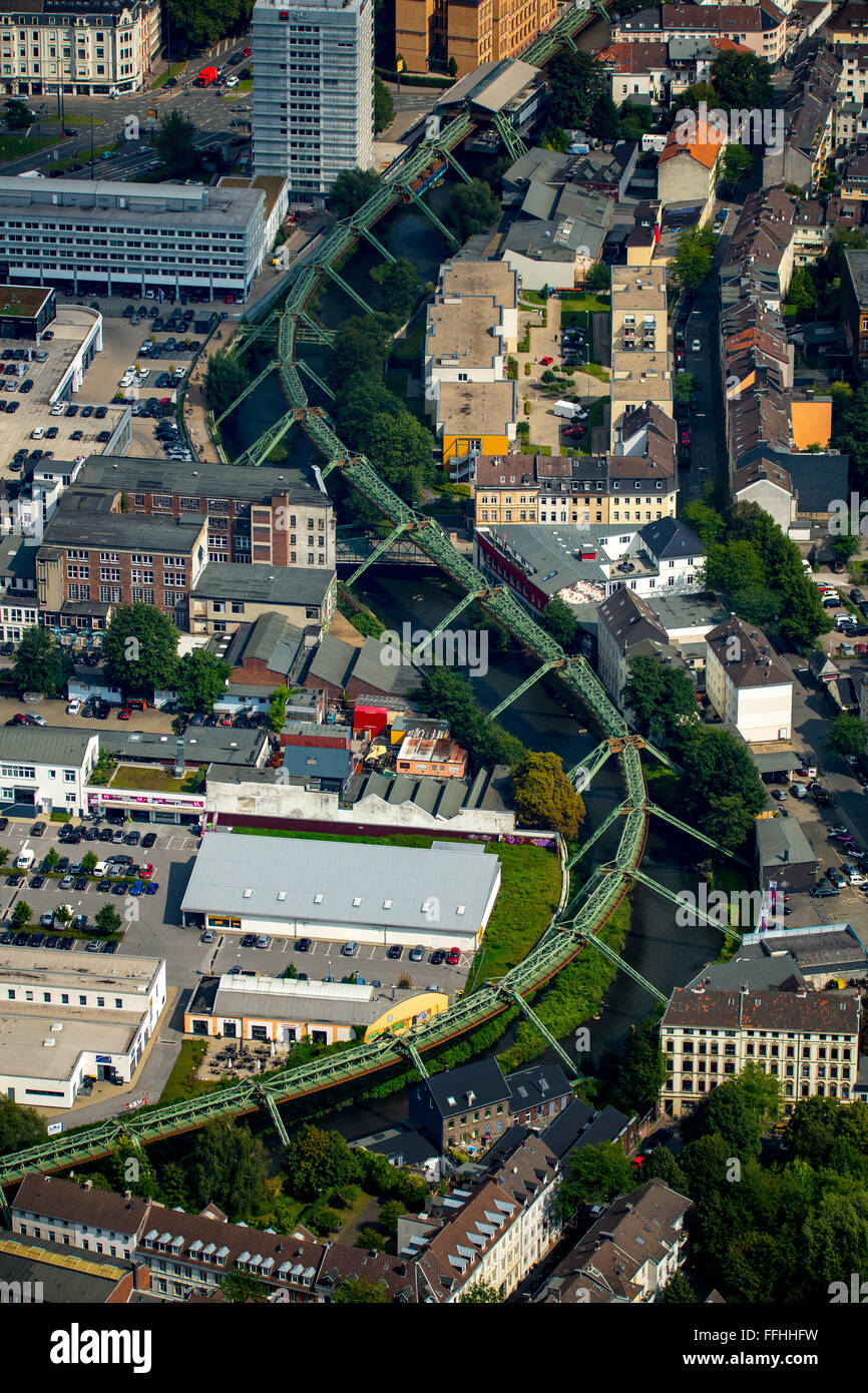 Luftbild, Wuppertal Einschienenbahn, Stahlgerüst, öffentliche Verkehrsmittel, das Tal der Wupper, Wuppertal, Bergisches Land, Stockfoto