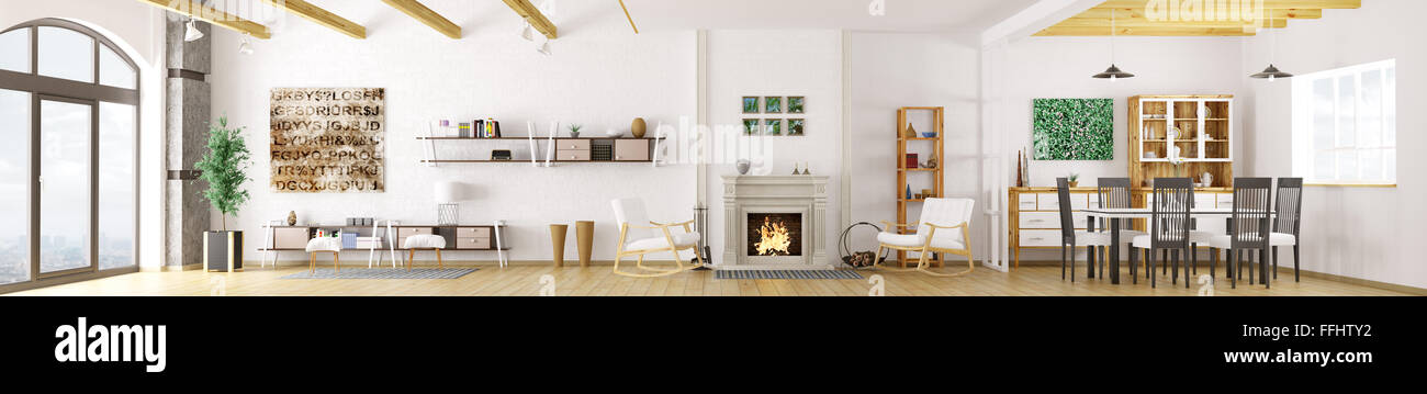 Innenraum der modernen Schlafzimmern, Wohnzimmer, Esszimmer, Aufenthaltsraum mit Kamin, Panorama 3D-Rendering Stockfoto