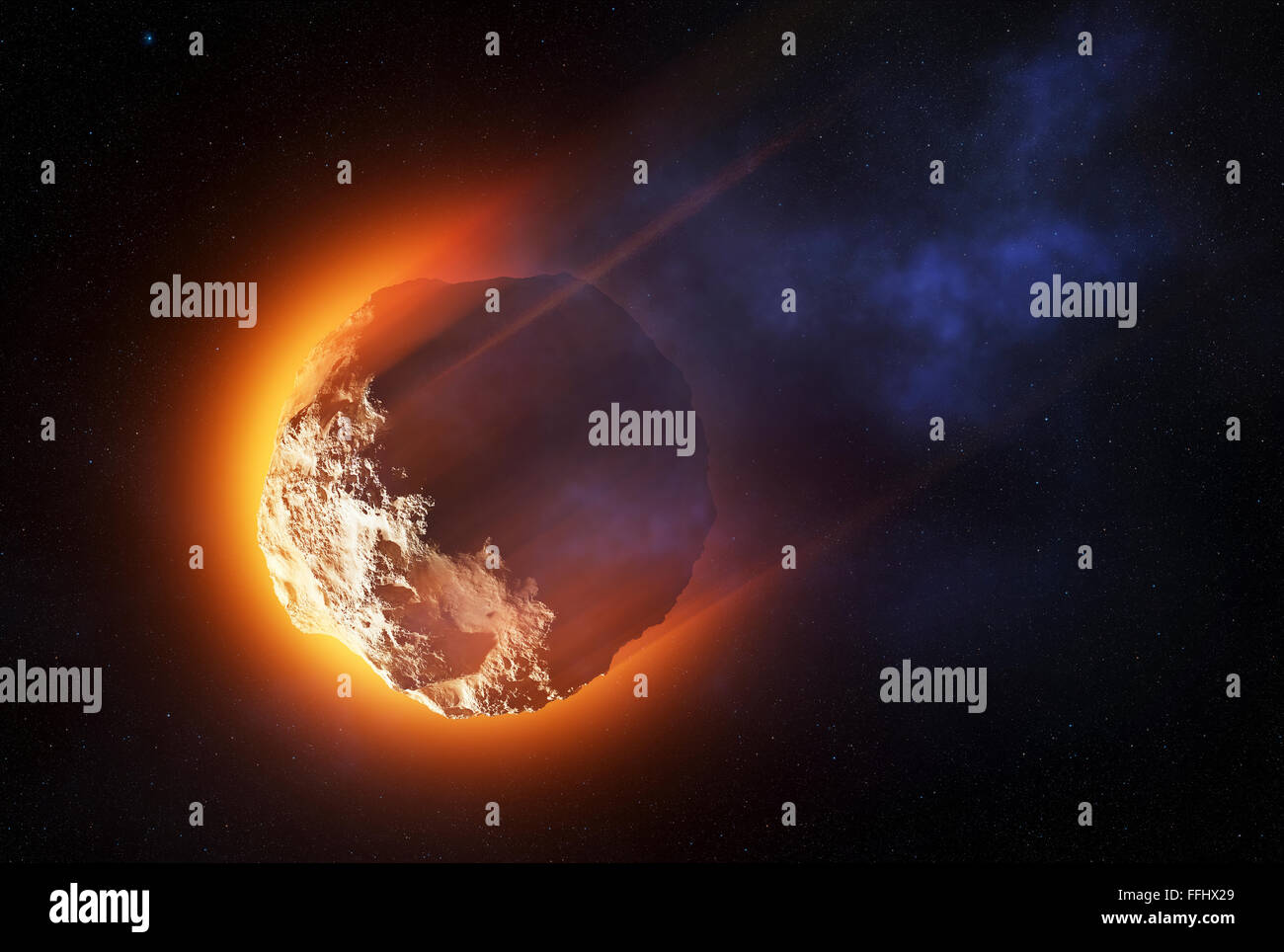 Nahaufnahme von Asteroiden Eintritt in die Atmosphäre mit hoher Geschwindigkeit und beginnt zu brennen - 3D Grafik Stockfoto