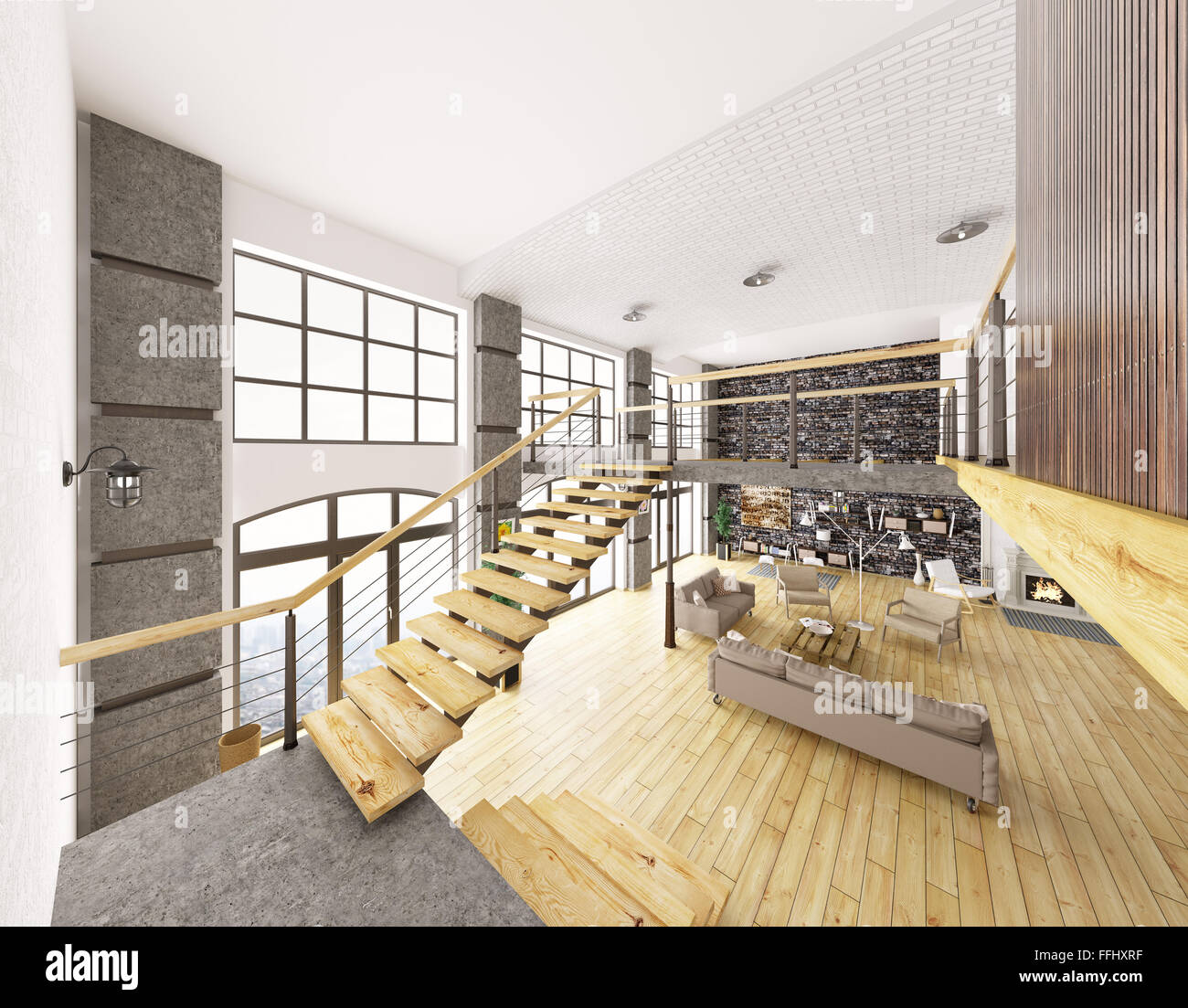 Loft Apartment Innenraum, Wohnzimmer, Treppe, 3D-Rendering Stockfoto