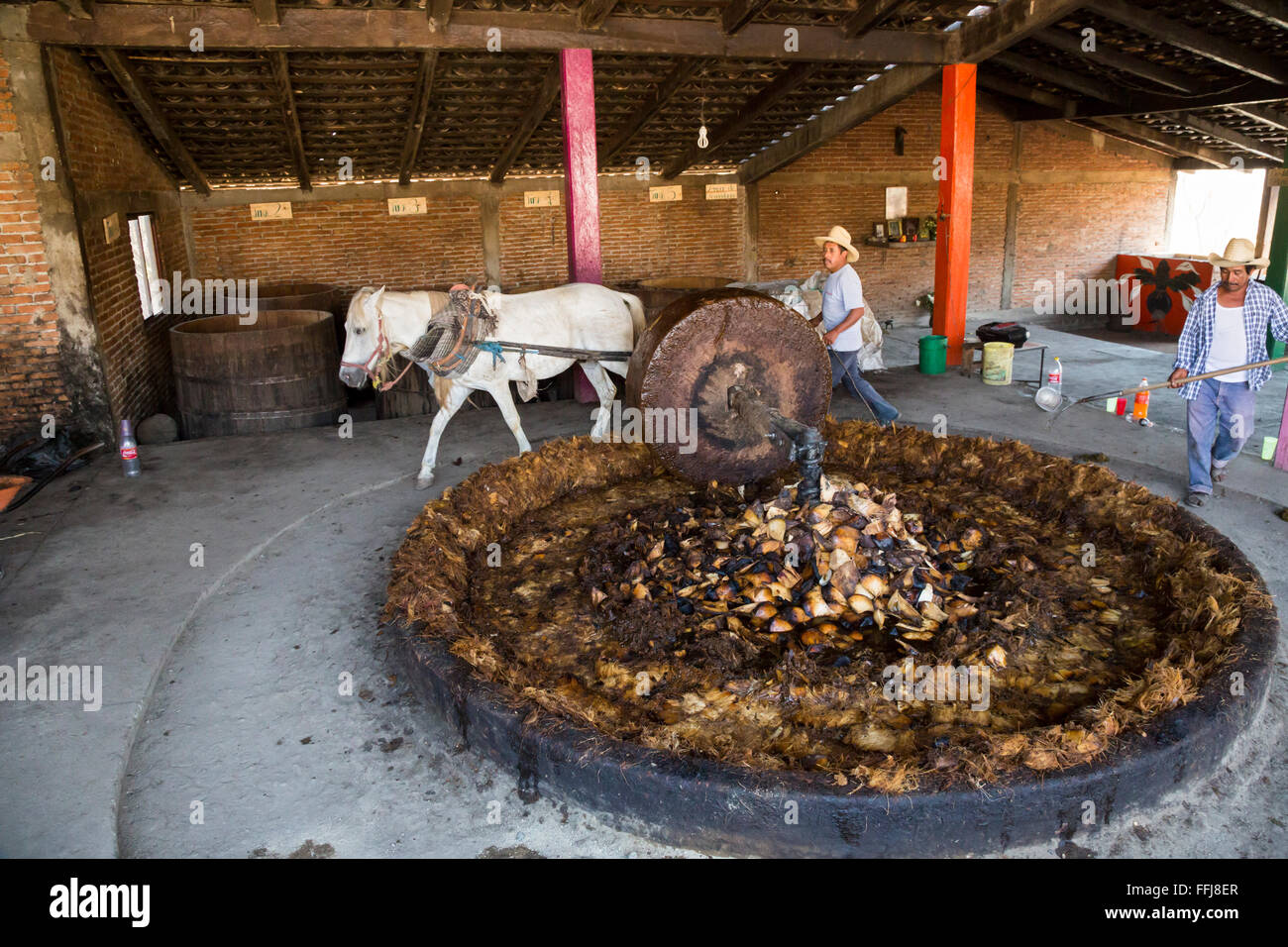 San Baltazar Chichicapam, Oaxaca, Mexiko - eine Brennerei, wo Bewohner kooperativ arbeiten, um Mezcal zu produzieren. Stockfoto