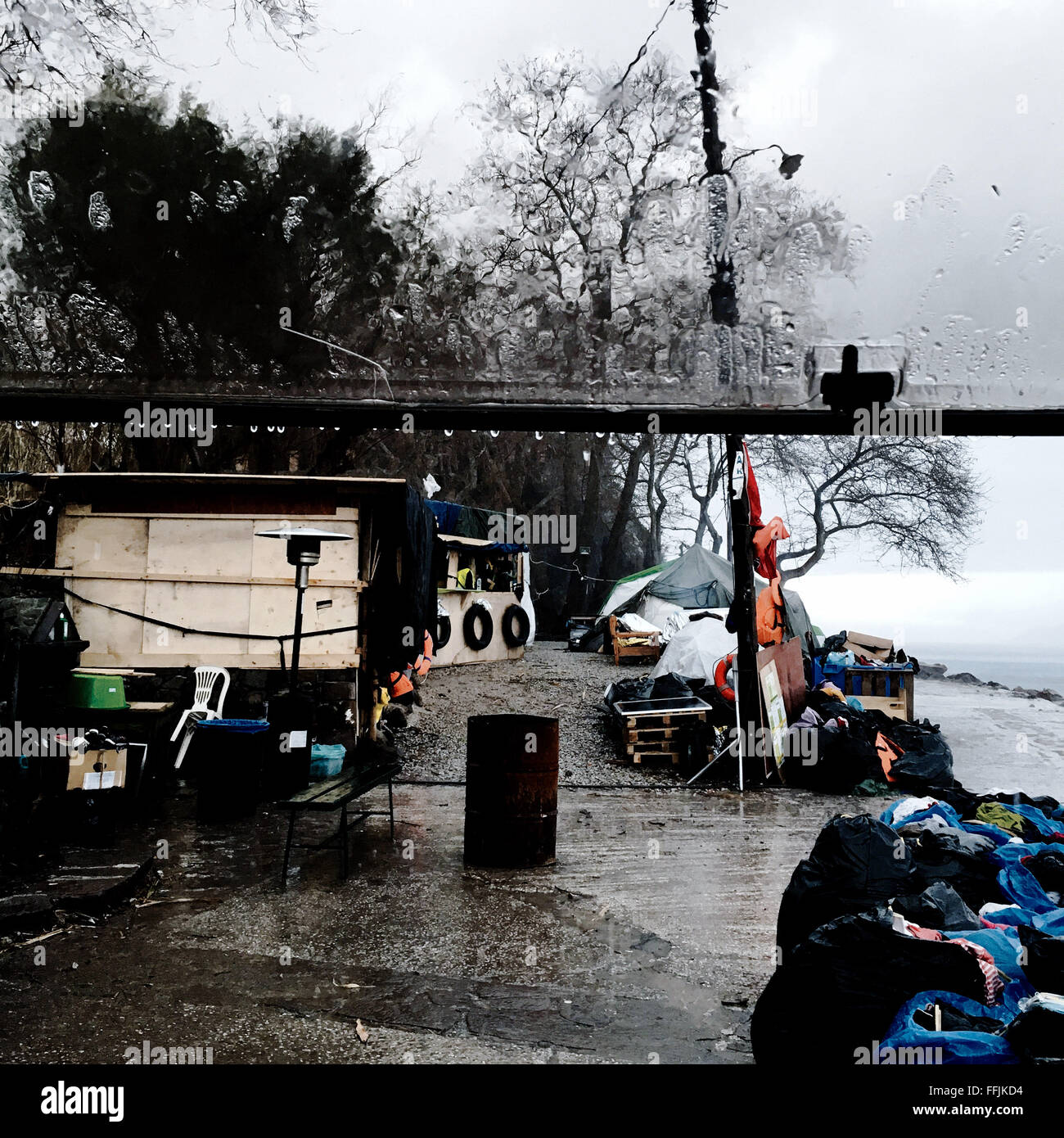 Platane: Land Besetzung in North Lesbos für die Migranten- Stockfoto