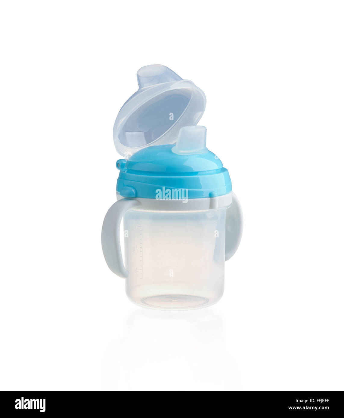 Baby-Flasche, Becher mit Henkel isoliert auf weiss Stockfoto