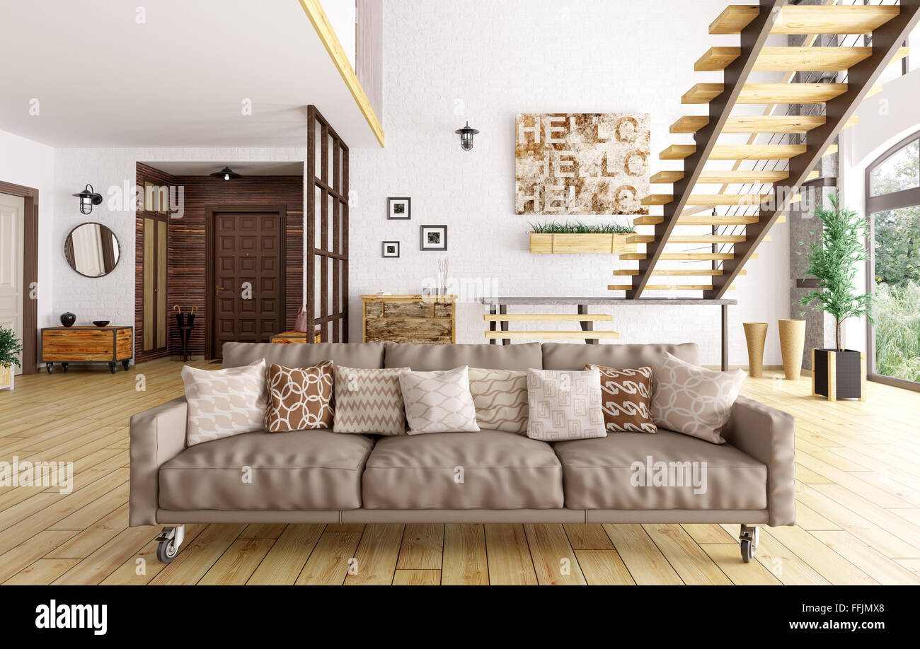 Moderne Einrichtung von Wohnzimmer und Flur, Treppenhaus, Sofa mit Kissen, 3D-Rendering Stockfoto