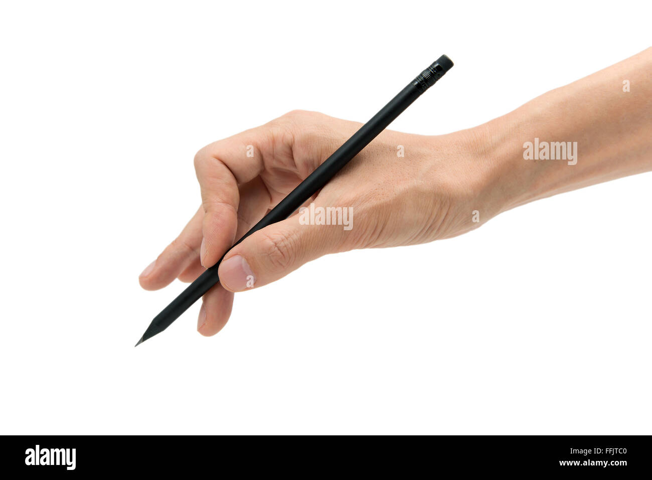 Hand des Mannes mit schwarzem Stift auf weißem Hintergrund Stockfoto