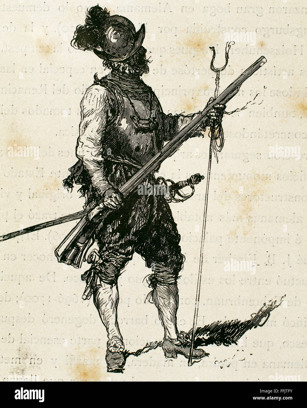 Arquebusier. Soldat, bewaffnet mit einer Arkebuse. Infanterie-Regiment. 16. Jahrhundert. Kupferstich, 19. Jahrhundert. Stockfoto