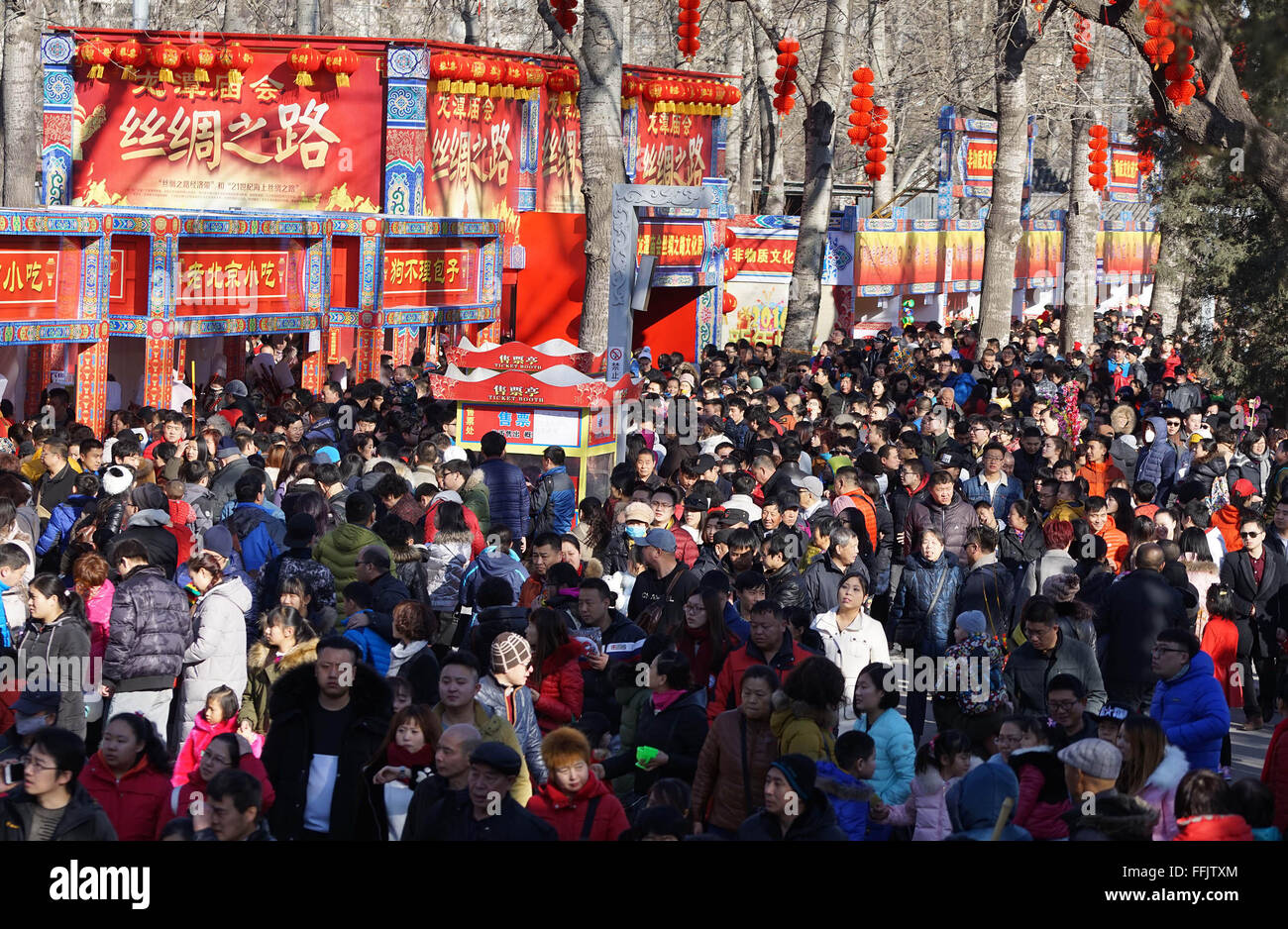 Peking, China. 8. Februar 2016. Menschen besuchen eine Tempel-Messe in Longtan-Park von Peking, Hauptstadt von China, 8. Februar 2016. Einnahmen aus dem Tourismus Chinas während des Frühlingsfestes Urlaubs erreicht 365,1 Milliarden Yuan (55,7 Milliarden US-Dollar) auf 16,3 Prozent gegenüber dem Vorjahr. Die Zahl der Touristen während der sieben-Tage-Urlaub gekrönt 302 Millionen über das Land, um 15,6 Prozent. © Liang Zhiqiang/Xinhua/Alamy Live-Nachrichten Stockfoto