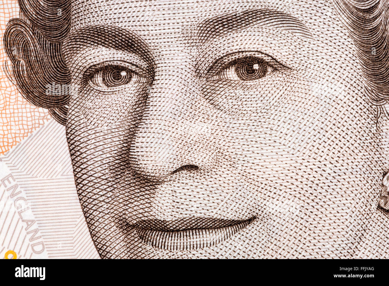 Königin Elizabeth II ein close-up Portrait auf zehn Pfund Stockfoto
