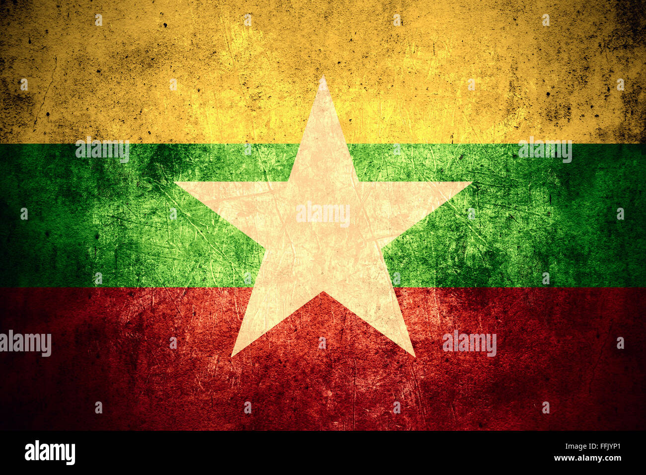 Flagge von Burma oder Birma Banner auf grobe Muster Textur Vintage-Hintergrund, Myanmar Stockfoto