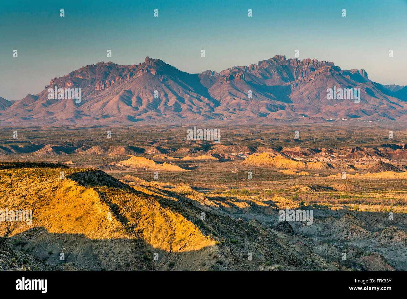 Chisos Mountains, Blick über Chihuahua-Wüste, fern von der alten Erz Straße in Big Bend Nationalpark, Texas, USA Stockfoto