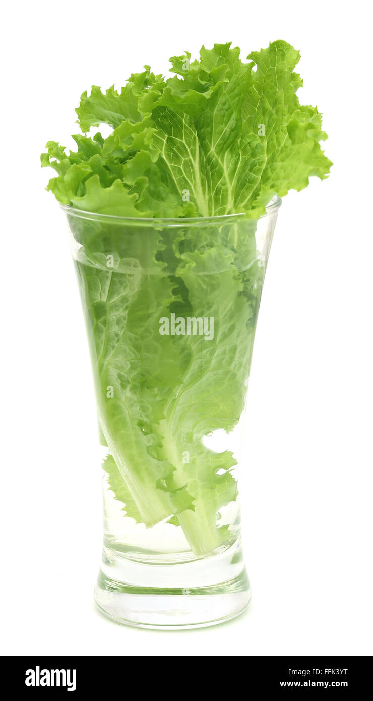 Frischem Salat in einem Glas auf weißem Hintergrund Stockfoto