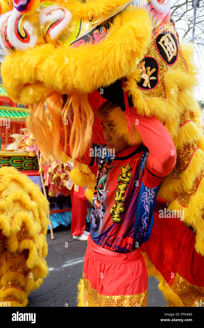 Chinese New Year, London: Löwen Tänzer vorzubereiten für die parade Stockfoto