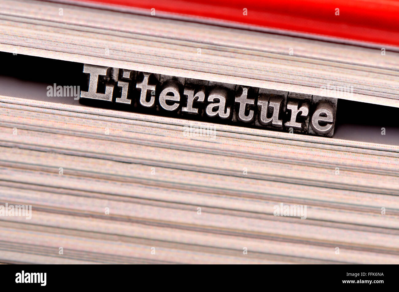 Buchdruck Zeichen Rechtschreibung aus Literatur auf den Seiten eines Buches Stockfoto